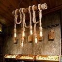 Bamboo Pole Island Lighting Cottage 3/6-Head Restaurant Ceiling Suspension Lamp in Brown with Hemp Cord