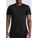 Mens Workout T-Shirt Fashionable Solid Color Button Detail Quick Dry Slim Fitted Round Neck Short Sleeve T-Shirt