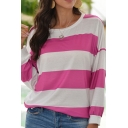 Vigorous Womens T-Shirt Horizontal Stripe Pleated-Cuff Side Slit Round Neck Long Sleeve Loose Tee Top