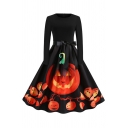 Retro Womens Dress Pumpkin Tree Branch Bat Pattern Bow Tie Waist Midi A-Line Slim Fitted Round Neck Long Sleeve Swing Dress