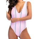 Womens Summer Fashion Vertical Striped Printed Sexy Plunged Low Back High Leg Pink One Piece Swimsuit Swimwear