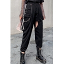 Female Sexy Unique Mid Rise Belted Buckle Ribbon Flap Pockets Cut Out Full Length Baggy Straight Pants in Black