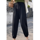 Women's Simple Plain High Rise Gathered Cuff Casual Loose Straight Bloomer Pants