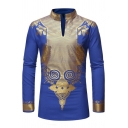 Classic Mens T-Shirt Gilding Spiral Pattern African Style Slim Fitted Long Sleeve Split Tunic Stand Collar Tee Top