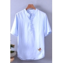 Mens Tee Top Fashionable Bird Embroidered Frog Button Detail Stand Collar Half Sleeve Regular Fitted Linen T-Shirt