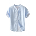 Mens Shirt Creative Solid Color Cotton Linen Button up Stand Collar Short Sleeve Regular Fit Shirt