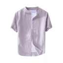 Mens Shirt Unique Solid Color Button up Cotton Linen Stand Collar Short Sleeve Regular Fit Shirt
