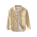 Cool Mens Shirt Jacket Solid Color Flap Chest Pockets Button down Long Sleeve Spread Collar Regular Fit Cargo Shirt