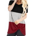Comfortable Women's T-Shirt Twist Design Color Block Stripe Pattern Round Neck Regular Fit Tee Top