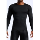Mens Tee Top Creative Solid Color Stretch Quick Dry Skinny Fitted Round Neck Long Sleeve Compression T-Shirt