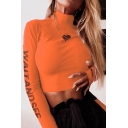 Womens T-Shirt Casual Heart Letter Wait and See Print Slim Fitted Long Sleeve Cropped Mock Neck Tee Top