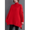 Elegant Sweater Solid Color Rib Knit Side Slit High Neck Long-sleeved Relaxed Fit Sweater for Women
