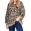 Stylish Leopard Printed Crew Neck Long Sleeve Khaki Oversized Pullover Sweater