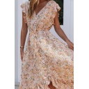 Country Girls Long Dress Flower Print Pleated Hem Tie Button-down V Neck Ruffled Cap Sleeve Flared Dress