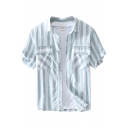 Classic Mens Shirt Vertical Striped Print Flap Chest Pockets Button down Short Sleeve Spread Collar Regular Fit Shirt