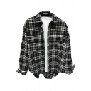 Vintage Mens Shirt Plaid Print Brushed Thick Button down Long Sleeve Turn-down Collar Relaxed Fit Shirt
