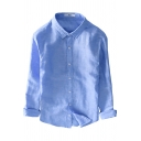 Retro Mens Shirt Solid Color Cotton Linen Spread Collar Button Detail Regular Fit Long Sleeve Shirt