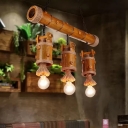 Bucket Shaped Restaurant Island Lamp Rural Wood 3-Head Brown Suspended Lighting Fixture