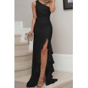 Special Occasion Dress Ruffles Front Slit One Shoulder Solid Color Sleeveless Fitted Long Asymmetrical Dress for Women