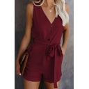 Dressy Rompers Belted Solid Color Rolled Hem Buttons V Neck Regular Fitted Shorts for Women