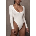 Womens Bodysuit Chic Solid Color Rib Knit Purified Cotton Long Sleeve Scoop Neck Slim Fitted Bodysuit
