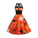 Basic Womens Dress Pumpkin Bat Ghost Cat Cobweb Broom Hat Print Tie-Halter Sweetheart Neck Sleeveless A-Line Slim Fitted Midi Swing Dress