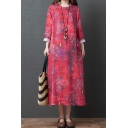 Tribal Style Dress Flower Printed Waist-Tied Button Detail Round Neck Half Sleeves Long Oversized Swing Dress