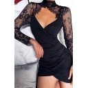 Retro Womens Dress Lace Patchwork Cut Out Choker High Neck Long Sleeve Slim Fitted Mini Bodycon Dress