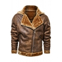 Retro Mens Jacket Fur-Lined Oblique Zipper Long Sleeve Turn-down Collar Slim Fitted Thickened Leather Jacket