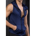 Basic Mens Tank Top Plain Quick-Dry Zipper down Sleeveless Slim Fitted Hooded Tank Top