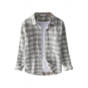 Mens Shirt Fashionable Plaid Print Chest Pocket Purified Cotton Spread Collar Button Detail Regular Fit Long Sleeve Shirt