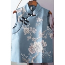 Fancy Women's Vest Embroidered Singe-Breasted Stand Collar Sleeveless Regular Fit Vest