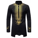 Novelty Mens T-Shirt Gilding Pattern African Style Button Design Asymmetric Cut Hem Long Sleeve Stand Collar Slim Fitted Tunic Tee Top