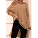 Womens Basic Tunic High-Low Plain Loose Fit One Shoulder Full Dolman Sleeve T-Shirt