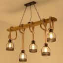 Wood Brown Island Pendant Linear 3/5 Lights Rustic Ceiling Hang Light with Cage and Hemp Rope