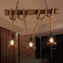 Loft Style Birdcage Island Lamp 3-Bulb Wood Linear Hanging Pendant with Hemp Rope in Brown