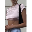 Womens Tee Top Casual Solid Color Satin Cut-out Back Slim Fitted Round Neck Short Sleeve Cropped T-Shirt
