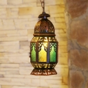 Turkish Censer Shaped Pendant Light Single-Bulb Stained Glass Hanging Lamp in Brass