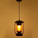 Oval Amber Glass Hanging Ceiling Lantern Countryside 1 Bulb Dining Room Pendant Lamp in Copper