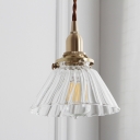 Conical Dining Room Down Lighting Pendant Retro Single Clear/Clear Ribbed Glass Brass Hanging Light Fixture