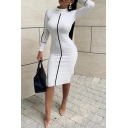 Womens Casual Striped Panel Long Sleeve High Neck Slim Fit Midi Party Dress