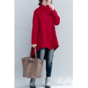 Leisure Women's Sweatshirt Solid Color Brushed Asymmetrical Mock Neck Long-sleeved Oversized Sweatshirt