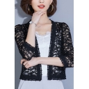 Chic Fitted Short Sleeve Floral Print Open Front Sheer Lace Shrug Coat