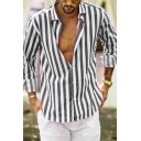 New Trendy Vertical Striped Print Long Sleeve Single Breasted Loose Relaxed Shirt for Men