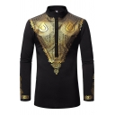 Mens Tunic T-Shirt Fashionable Abstract Gilding Spiral Print African Style Stand Collar Long Sleeve Slim Fitted T-Shirt