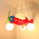 Cartoon 3 Lights Hanging Pendant Red Helicopter Chandelier with Domed White Glass Shade