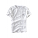 Mens Tee Top Stylish Feather Embroidered Linen Regular Fit Short Sleeve Round Neck T-Shirt