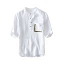 Basic Mens T Shirt Contrast Panel Chest Pocket Linen Stand Collar Regular Fit Half Sleeve Tee Top