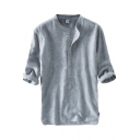 Mens Shirt Trendy Pinstripe Pattern Button Detail Cotton Linen Half Sleeve Stand Collar Loose Fit Shirt