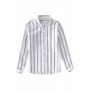 Mens Shirt Fashionable Vertical Stripe Print Cotton Linen Point Collar Button Detail Regular Fit Long Sleeve Shirt